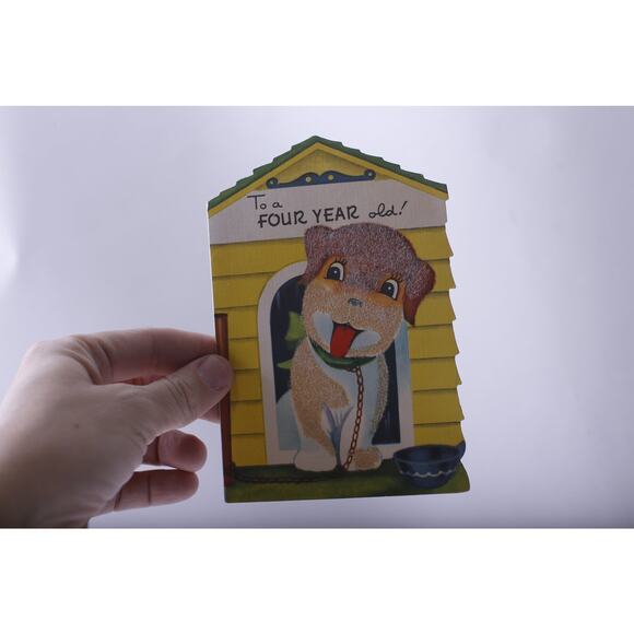 Cute Puppy in Yellow Doghouse, 4-Year-Old Birthday, Greeting Card - Picture 1 of 2